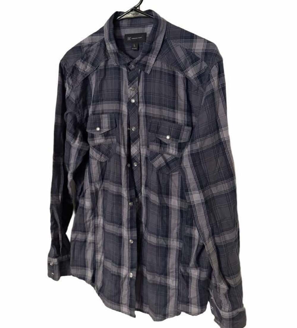 INC International Concepts Mens Large Plaid Snap Front Shirt Black Gray Epaulets